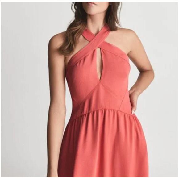 Reiss Orla Cross Front Halter Neck Midi Dress in Coral Pockets Size 10 - Picture 4 of 12